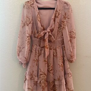 Floral Pink and Brown Tie-Front Dress
